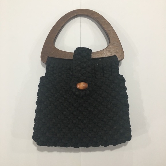 70s Vintage Handmade Macrame Bag Wooden Handle - Picture 3 of 8